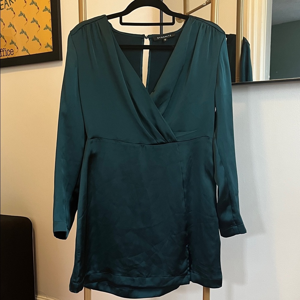 Dynamite Deep Teal Satin Wrap Top